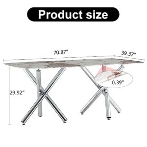 Modern Dining Table for 4 to 6 People with Imitation Marble White Desktop and Dual X-Shaped Silver Metal Legs, Modern Rectangular Kitchen Table for Kitchen Dining Room, 71" W x 39" D x 30" H