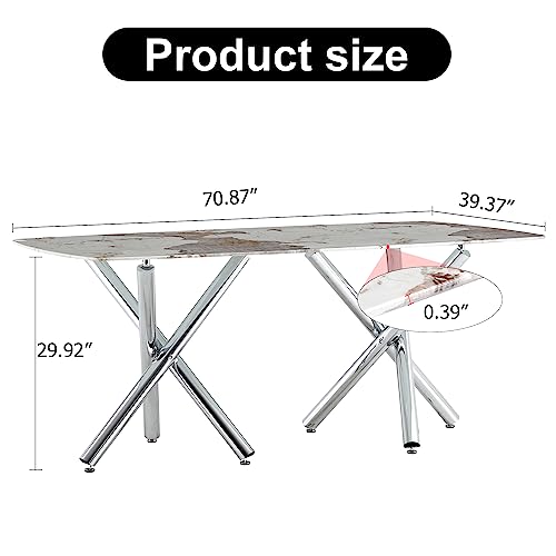 Modern Dining Table for 4 to 6 People with Imitation Marble White Desktop and Dual X-Shaped Silver Metal Legs, Modern Rectangular Kitchen Table for Kitchen Dining Room, 71" W x 39" D x 30" H