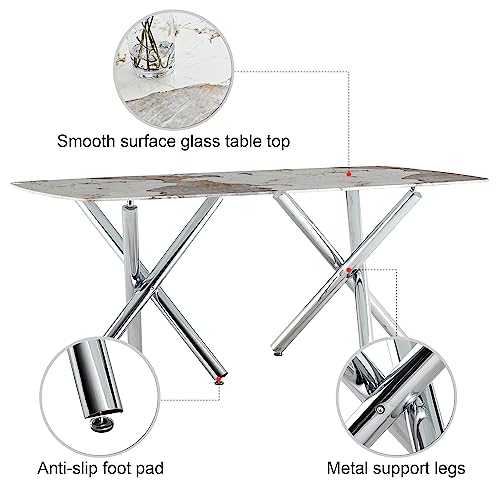 Modern Dining Table for 4 to 6 People with Imitation Marble White Desktop and Dual X-Shaped Silver Metal Legs, Modern Rectangular Kitchen Table for Kitchen Dining Room, 71" W x 39" D x 30" H