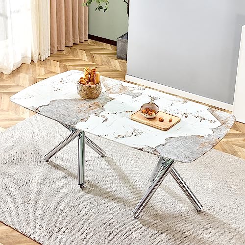 Modern Dining Table for 4 to 6 People with Imitation Marble White Desktop and Dual X-Shaped Silver Metal Legs, Modern Rectangular Kitchen Table for Kitchen Dining Room, 71" W x 39" D x 30" H