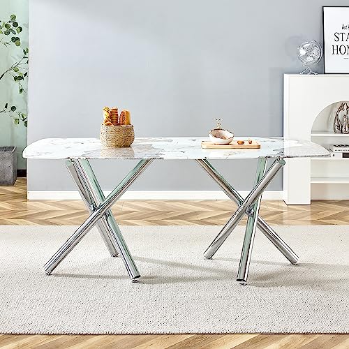 Modern Dining Table for 4 to 6 People with Imitation Marble White Desktop and Dual X-Shaped Silver Metal Legs, Modern Rectangular Kitchen Table for Kitchen Dining Room, 71" W x 39" D x 30" H