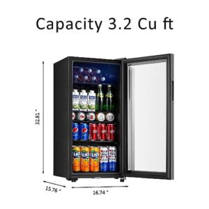 Saeoola Beverage Refrigerator, 3.2 Cu.ft Mini Fridge with Double Glass Door, Cooler for Soda, Beer or Wine for Home, Office or Bar with Adjustable Removable Shelves (Black)