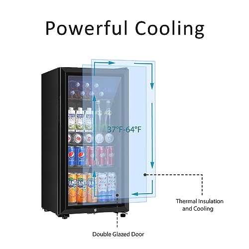 Saeoola Beverage Refrigerator, 3.2 Cu.ft Mini Fridge with Double Glass Door, Cooler for Soda, Beer or Wine for Home, Office or Bar with Adjustable Removable Shelves (Black)