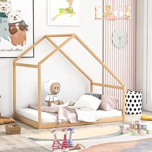 full size wood house bed, wooden bedframe with roof for kids, teens, boys or girls bedroom furniture, full floor bed frame box spring needed (natural)