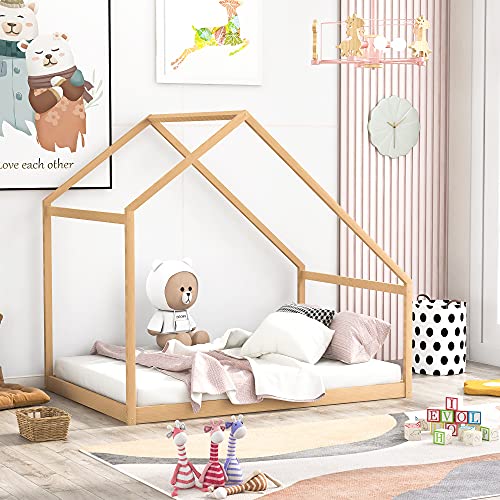 Full Size Wood House Bed, Wooden Bedframe with Roof for Kids, Teens, Boys or Girls Bedroom Furniture, Full Floor Bed Frame Box Spring Needed (Natural)