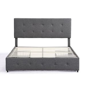 Upholstered Full Size Platform Bed Frame with 4 Storage Drawers and Headboard, Square Stitched Button Tufted, Mattress Foundation with Wooden Slats Support, No Box Spring Needed, Grey (Full)