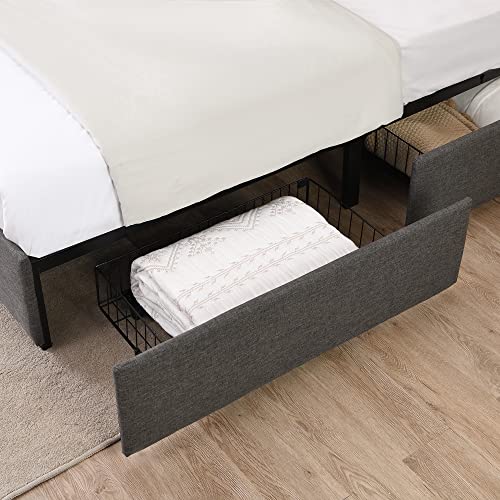 Upholstered Full Size Platform Bed Frame with 4 Storage Drawers and Headboard, Square Stitched Button Tufted, Mattress Foundation with Wooden Slats Support, No Box Spring Needed, Grey (Full)