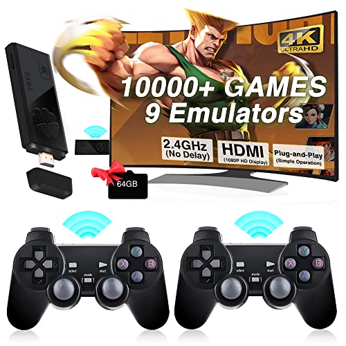 Upgrade Plug and Play Wireless Retro Game Console, Nostalgia Video Game Stick 4K 10000+ Games Built-in, 9 Classic Emulators, 64G, with Dual 2.4GHz Wireless Controllers Black