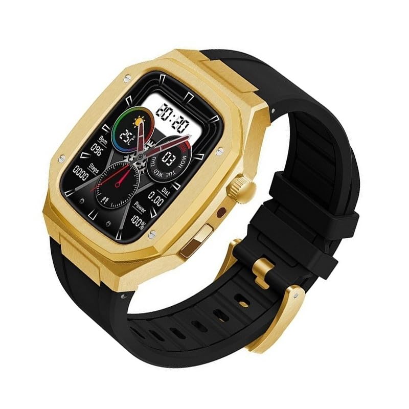 SUPWATCH Stainless Steel Case Rubber Bands Women for Apple Watch Series 8/7 45mm 44mm Accessories, Men Rm Integrated Bracelet Metal Crown Cover Mod Kit for Smart Watches 6/5/4/se (Color : Gold-b, Si