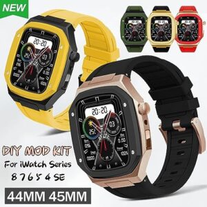 SUPWATCH Stainless Steel Case Rubber Bands Women for Apple Watch Series 8/7 45mm 44mm Accessories, Men Rm Integrated Bracelet Metal Crown Cover Mod Kit for Smart Watches 6/5/4/se (Color : Gold-b, Si