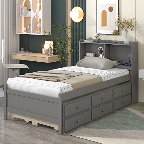 BIADNBZ Twin Bed with Trundle and Drawers,Wooden Bedframe with Storage Headboard,Bookcase for Kids Teens,No Box Spring Needed,Gray