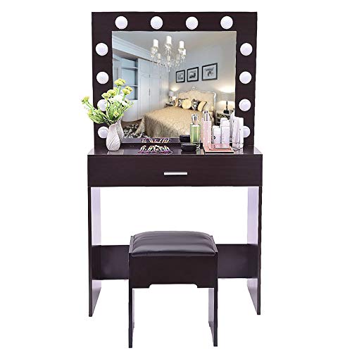 Drawer Unit Vanity Set with Lighted, Makeup Vanity Dressing Table with Large Drawer for Bedroom, Vanity Table with Cushioned Stool Set Short Long Table with Drawers (Walnut, One Size)