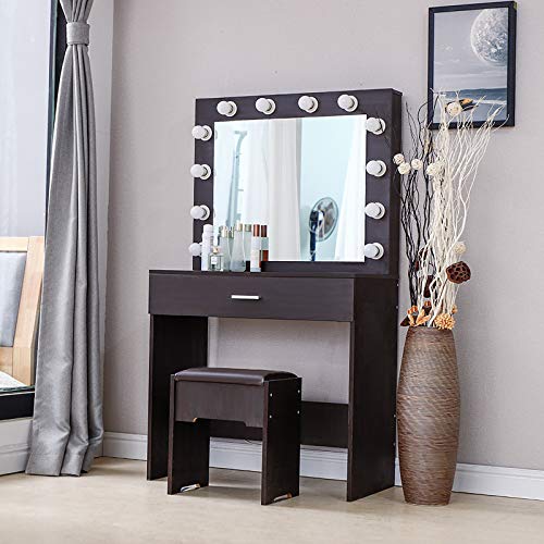 Drawer Unit Vanity Set with Lighted, Makeup Vanity Dressing Table with Large Drawer for Bedroom, Vanity Table with Cushioned Stool Set Short Long Table with Drawers (Walnut, One Size)