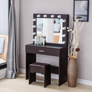 Drawer Unit Vanity Set with Lighted, Makeup Vanity Dressing Table with Large Drawer for Bedroom, Vanity Table with Cushioned Stool Set Short Long Table with Drawers (Walnut, One Size)