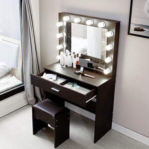 Drawer Unit Vanity Set with Lighted, Makeup Vanity Dressing Table with Large Drawer for Bedroom, Vanity Table with Cushioned Stool Set Short Long Table with Drawers (Walnut, One Size)