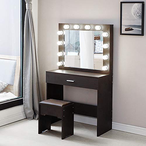 Drawer Unit Vanity Set with Lighted, Makeup Vanity Dressing Table with Large Drawer for Bedroom, Vanity Table with Cushioned Stool Set Short Long Table with Drawers (Walnut, One Size)