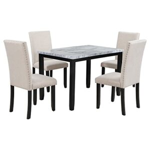 BIADNBZ 5-Piece Dining Table Set with Faux Marble Tabletop,4 Thicken Cushion Chairs for Kitchen Room Furniture, White+Black