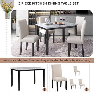 BIADNBZ 5-Piece Dining Table Set with Faux Marble Tabletop,4 Thicken Cushion Chairs for Kitchen Room Furniture, White+Black