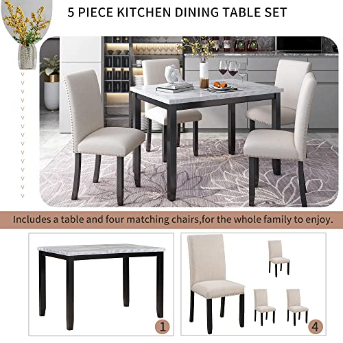 BIADNBZ 5-Piece Dining Table Set with Faux Marble Tabletop,4 Thicken Cushion Chairs for Kitchen Room Furniture, White+Black