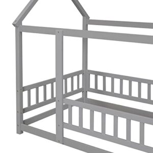 DEYOBED Twin Size Wooden Bed with House Roof Frame and Fence Guardrails, Twin Size Floor Bed Frame for Children - Gray Floor Bed