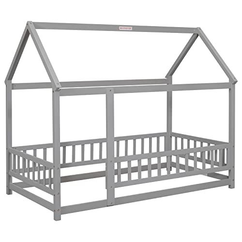 DEYOBED Twin Size Wooden Bed with House Roof Frame and Fence Guardrails, Twin Size Floor Bed Frame for Children - Gray Floor Bed