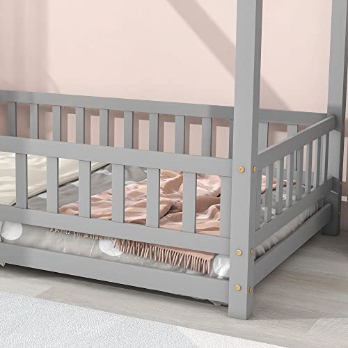 DEYOBED Twin Size Wooden Bed with House Roof Frame and Fence Guardrails, Twin Size Floor Bed Frame for Children - Gray Floor Bed