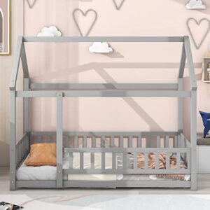 DEYOBED Twin Size Wooden Bed with House Roof Frame and Fence Guardrails, Twin Size Floor Bed Frame for Children - Gray Floor Bed