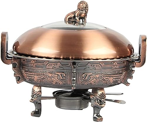 Round Chafing Dish Set for Wedding Banquets Party, Stainless Steel Chafing Buffet Server Warming Tray, with Food Pan, Frame, Lid and Fuel Holder (Color : Red Copper, Size : 30cm)