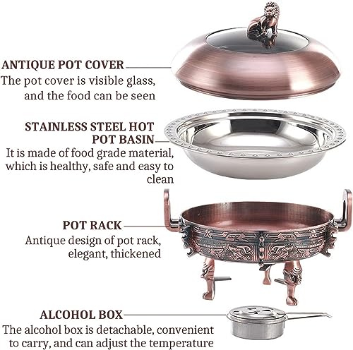 Round Chafing Dish Set for Wedding Banquets Party, Stainless Steel Chafing Buffet Server Warming Tray, with Food Pan, Frame, Lid and Fuel Holder (Color : Red Copper, Size : 30cm)