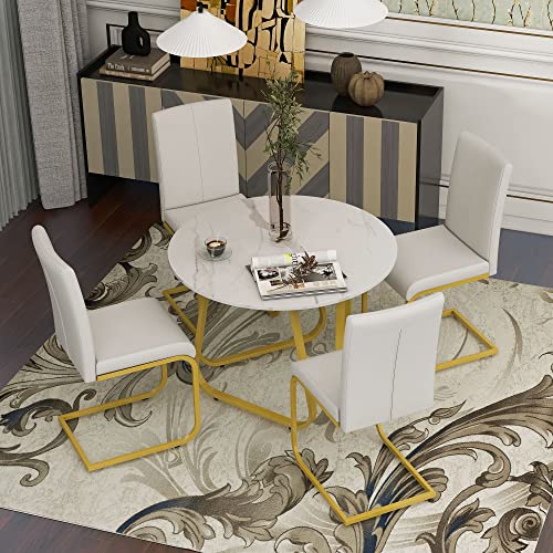 Dinehome 5-Piece Faux Marble Top Round Dining Table and Chairs with Metal Legs Set for 4 Persons, White+Gold