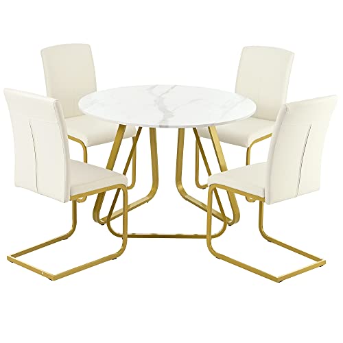 Dinehome 5-Piece Faux Marble Top Round Dining Table and Chairs with Metal Legs Set for 4 Persons, White+Gold