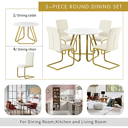 Dinehome 5-Piece Faux Marble Top Round Dining Table and Chairs with Metal Legs Set for 4 Persons, White+Gold