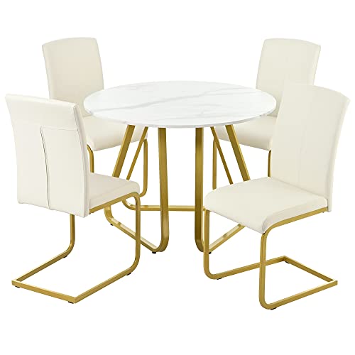 Dinehome 5-Piece Faux Marble Top Round Dining Table and Chairs with Metal Legs Set for 4 Persons, White+Gold