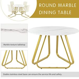 Dinehome 5-Piece Faux Marble Top Round Dining Table and Chairs with Metal Legs Set for 4 Persons, White+Gold