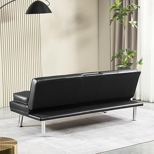 Convertible Sofa Bed Adjustable Couch Sleeper Modern Home Recliner Reversible Loveseat Folding Daybed Guest Bed for Living Room,PU,2 Cup Holders,3 Angles,Metal Legs,600lb Capacity