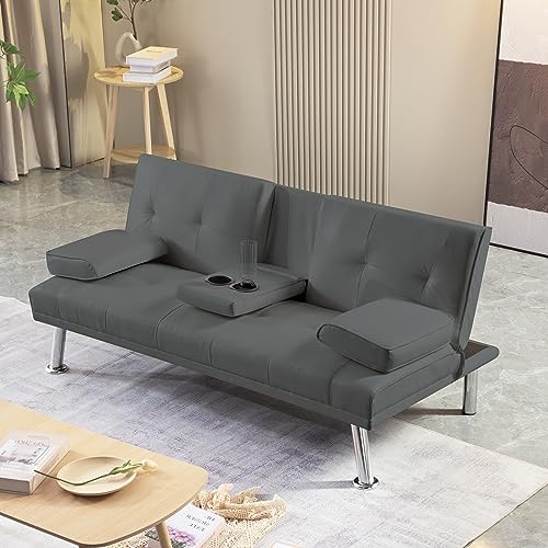 YUNLife Twin Size PU Upholstered Modern Convertible Folding Futon Loveseat Sofa Sleeper Bed 2 Seaters Recliner Couch with Cup Holders for Compact Living Space, Apartment, Dorm w/3 Adjustable Angles