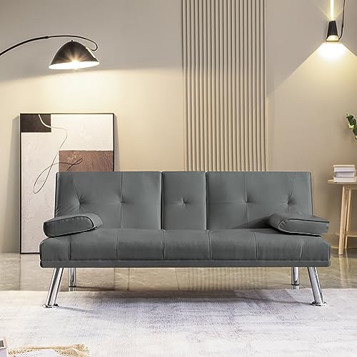 YUNLife Twin Size PU Upholstered Modern Convertible Folding Futon Loveseat Sofa Sleeper Bed 2 Seaters Recliner Couch with Cup Holders for Compact Living Space, Apartment, Dorm w/3 Adjustable Angles