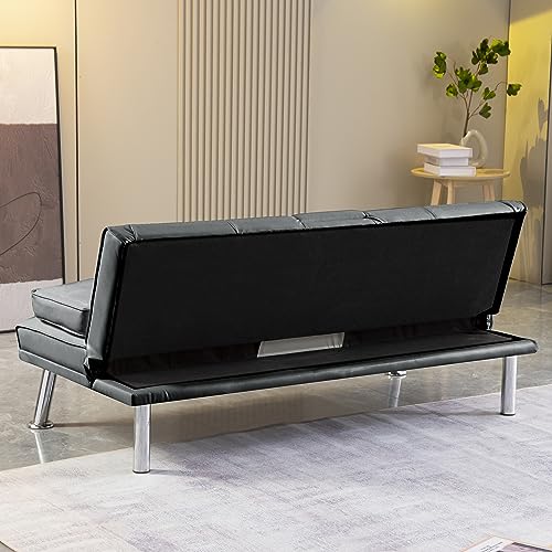 YUNLife Twin Size PU Upholstered Modern Convertible Folding Futon Loveseat Sofa Sleeper Bed 2 Seaters Recliner Couch with Cup Holders for Compact Living Space, Apartment, Dorm w/3 Adjustable Angles