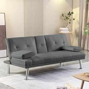 YUNLife Twin Size PU Upholstered Modern Convertible Folding Futon Loveseat Sofa Sleeper Bed 2 Seaters Recliner Couch with Cup Holders for Compact Living Space, Apartment, Dorm w/3 Adjustable Angles