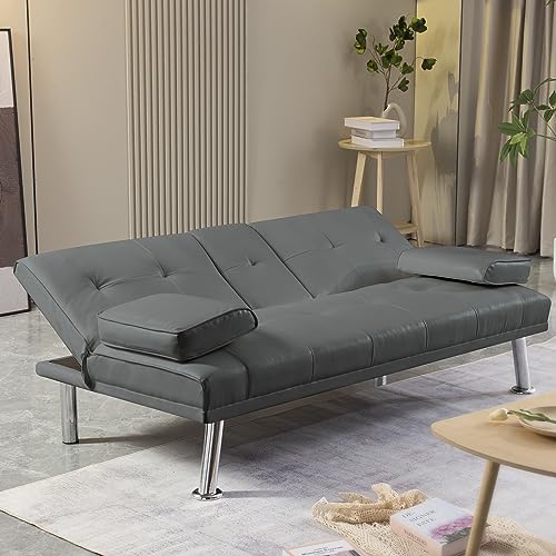 YUNLife Twin Size PU Upholstered Modern Convertible Folding Futon Loveseat Sofa Sleeper Bed 2 Seaters Recliner Couch with Cup Holders for Compact Living Space, Apartment, Dorm w/3 Adjustable Angles