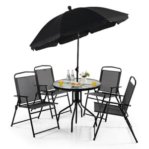tkfdc 6 pcs patio dining set folding chairs glass table tilt umbrella garden