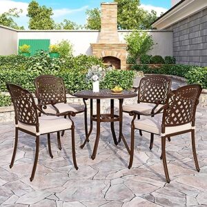 sophia & william outdoor patio dining set 5 pieces cast aluminium bronze with 4 cushioned chairs armchairs and round table 1.97" umbrella hole, retro patio furniture for porch yard deck garden lawn