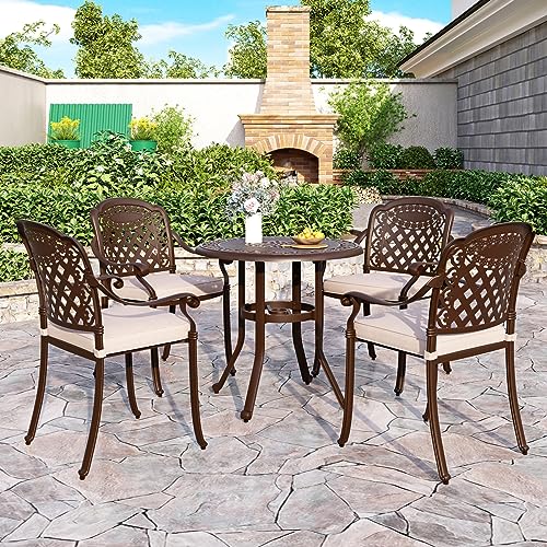 Sophia & William Outdoor Patio Dining Set 5 Pieces Cast Aluminium Bronze with 4 Cushioned Chairs Armchairs and Round Table 1.97" Umbrella Hole, Retro Patio Furniture for Porch Yard Deck Garden Lawn