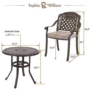 Sophia & William Outdoor Patio Dining Set 5 Pieces Cast Aluminium Bronze with 4 Cushioned Chairs Armchairs and Round Table 1.97" Umbrella Hole, Retro Patio Furniture for Porch Yard Deck Garden Lawn