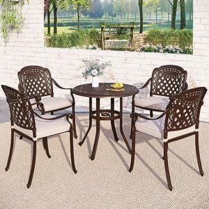 Sophia & William Outdoor Patio Dining Set 5 Pieces Cast Aluminium Bronze with 4 Cushioned Chairs Armchairs and Round Table 1.97" Umbrella Hole, Retro Patio Furniture for Porch Yard Deck Garden Lawn