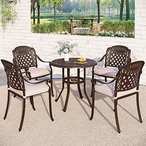 Sophia & William Outdoor Patio Dining Set 5 Pieces Cast Aluminium Bronze with 4 Cushioned Chairs Armchairs and Round Table 1.97" Umbrella Hole, Retro Patio Furniture for Porch Yard Deck Garden Lawn