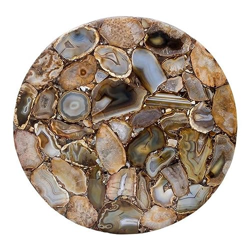 42 x 42 Inches Round Shape Marble Dining Table Top Shiny Brown Agate Stone Epoxy Art Reception Table for Restaurant Decor