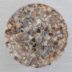 42 x 42 Inches Round Shape Marble Dining Table Top Shiny Brown Agate Stone Epoxy Art Reception Table for Restaurant Decor