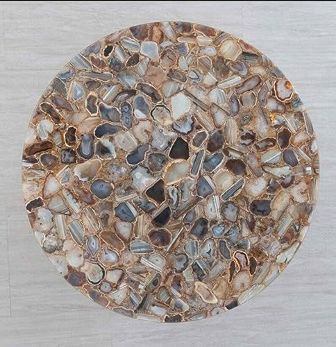 42 x 42 Inches Round Shape Marble Dining Table Top Shiny Brown Agate Stone Epoxy Art Reception Table for Restaurant Decor