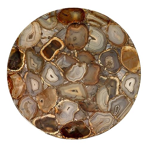 42 x 42 Inches Round Shape Marble Dining Table Top Shiny Brown Agate Stone Epoxy Art Reception Table for Restaurant Decor